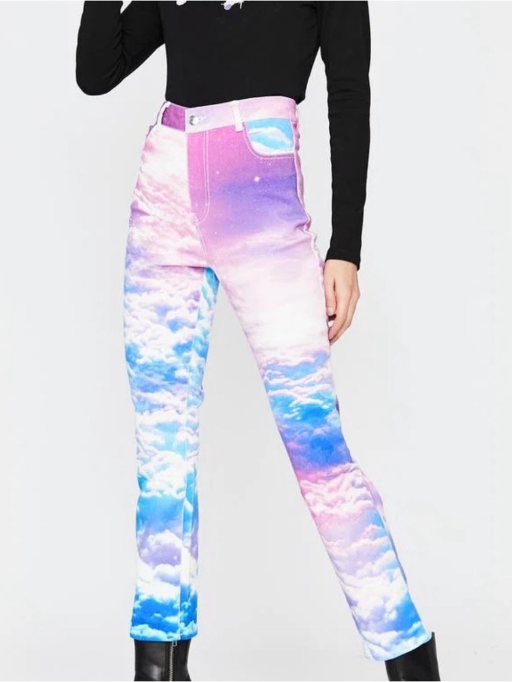Dolls Kill Cloud-Print Ankle Jeans in Blue, Pink & Purple